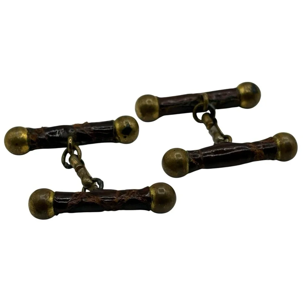 Vtg Antique Cufflinks Brown Snakeskin Leather Brass Barbell ‎ Chain Link RARE